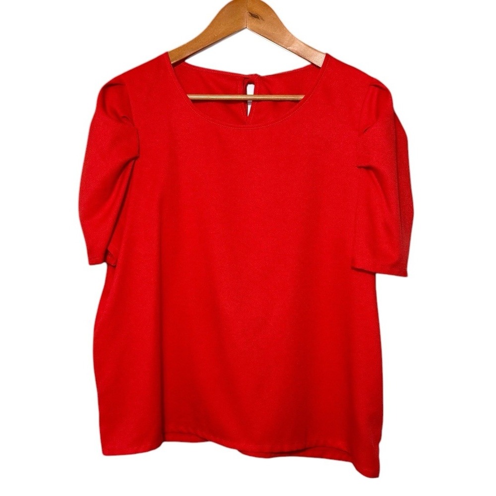 Red Ruffle Puff Shoulder‎ Sleeve Blouse Tie Back Lightweight Women Plus Size XXL